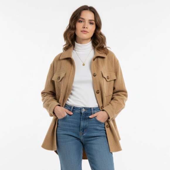 Bluenotes' Tan Camel Wool Blend Shacket Shirt Jacket Size L/G Large - Picture 1 of 9